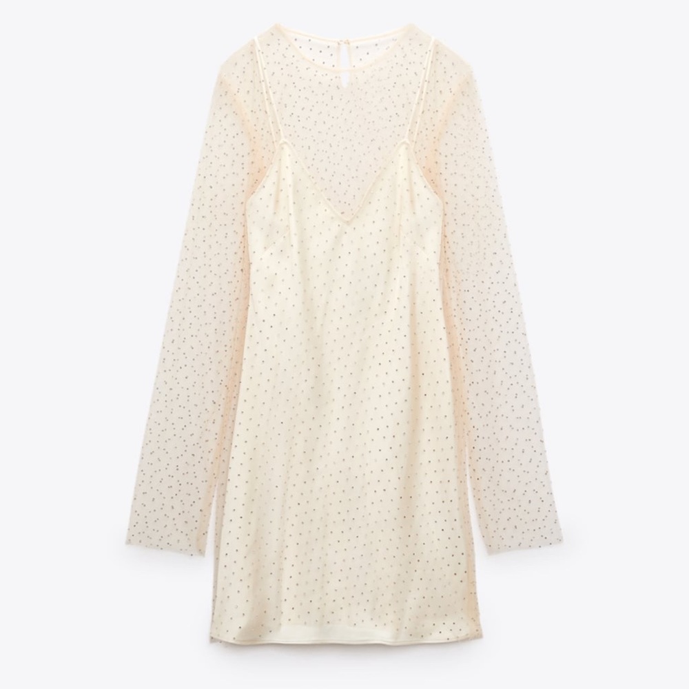 Zara rhinestone sheer mesh cover up and slip dress blogger favorite